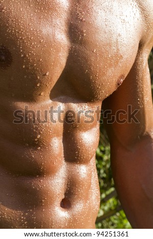 View of a very fit male model with muscles on the countryside.