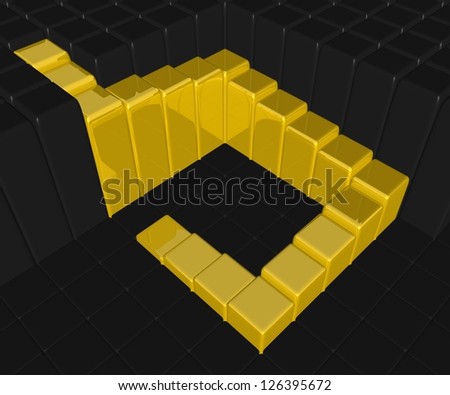 Gold stairs in a dark room with mirror effect