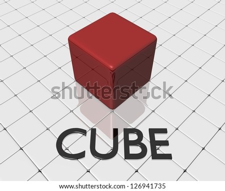 Red cube on a smooth white surface