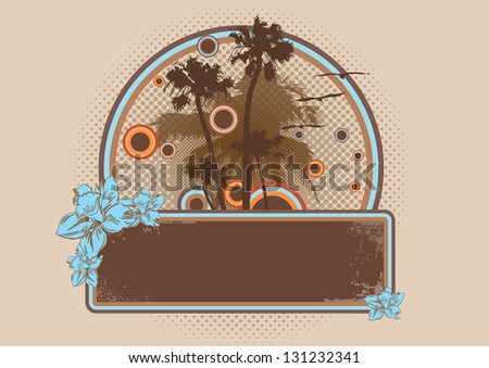 Banner or frame with palm trees, flowers and abstract circles