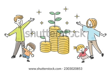 Vector illustration of family saving money.