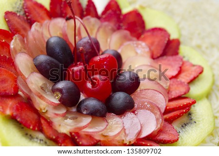 Tasty and colorful fruit salad	Delicious fruit salad in close up view