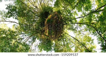 Stereographic projection of a railroad with trees. 360 degree panorama. Globe panorama.