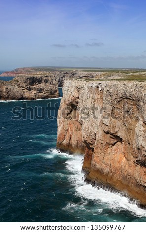 Rugged cliff line at Cape Saint Vincent - Sagres Portugal from the Lighthouse. This Cape is located at the furthest South West point on the Portuguese Coast.