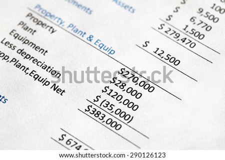 Closeup of a company balance sheet listing property plant and equipment values. Note shallow depth of field