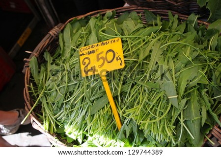 ROME, ITALY - JUNE 3 : Chicory for sale at one of the increasingly popular traditional food markets on 3 June 2011 in Rome. The vegetables originate from small scale producers around Rome.