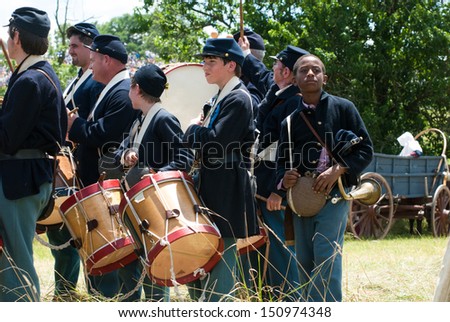 GETTYSBURG, PENNSYLVANIA- JULY 6:Union drummers wait for the battle during the second day of the Reenactment of the 150th Anniversary of the Battle of Gettysburg in 2013.