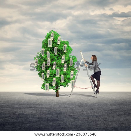 Businesswoman climbs the stairs to collect money from the money tree.