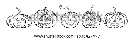 Halloween set of outline black and white pumpkins with carving scary smiling cute glowing faces. design for holiday greeting card and invitation, flyers, posters, banner halloween party holiday