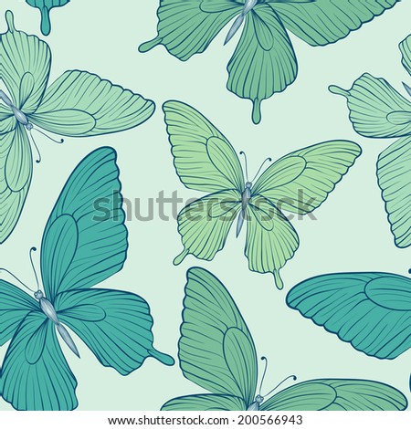 Beautiful seamless background with blue butterflies. Hand-drawn contour lines and strokes.