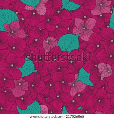 Beautiful seamless background with flower hydrangea . Hand-drawn contour lines and strokes. Perfect for background greeting cards and invitations to the day of wedding, birthday and Valentine's Day