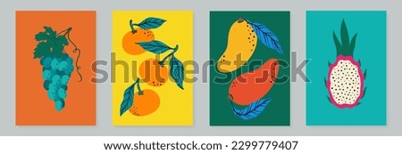 Fruit poster set grape, tangerine, mango and dragonfruit. Modern style, pastel colors