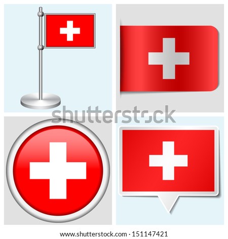 Switzerland flag - set of various sticker, button, label and flagstaff