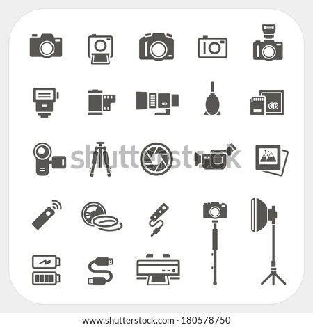 Camera icons and Camera Accessories icons set on white background