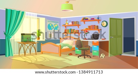 Interior. Boys room with table, computer, bookshelf. Flat cartoon vector illustration.Cozy interior of children's room, furniture, window, aquarium. Teenager room with workplace.