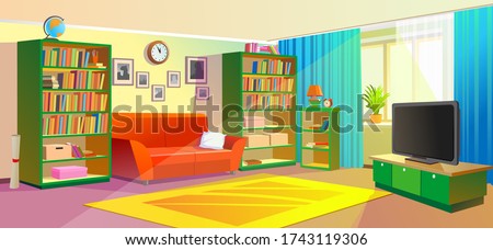 Living, cozy room with sunlit sun. Interior of the living room with sofa, TV and bookcase. Vector illustration.