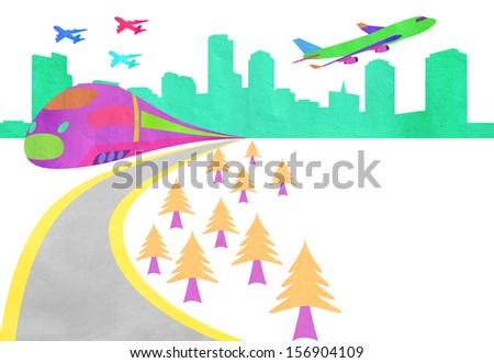 theme of the scissor-cut,Chinese element, for children--plane and subway,train ,city