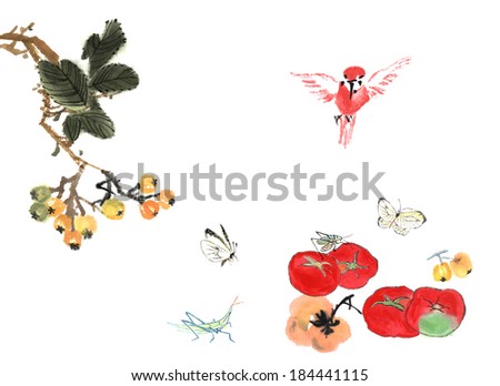delicious fruits, painting, persimmon, tomato, and bird, insect