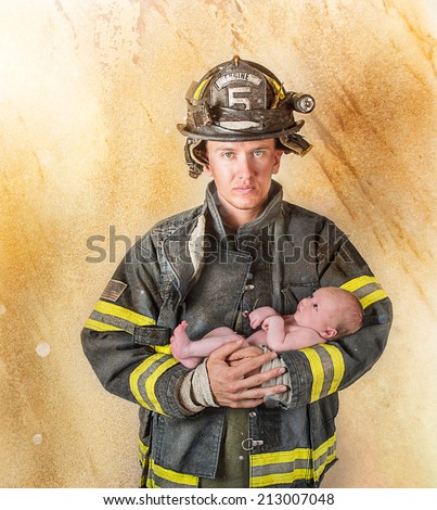 Fireman holding baby on a golden textured background with lighting effects