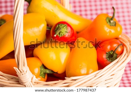 Mini sweet peppers in basket on red gingham tablecloth