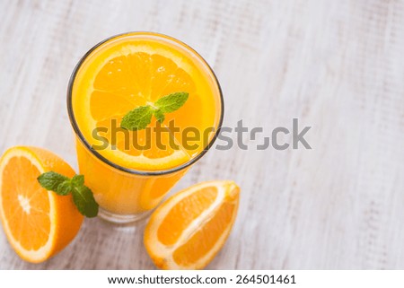 Glass of orange juice breakfast drink with mint leaf from above