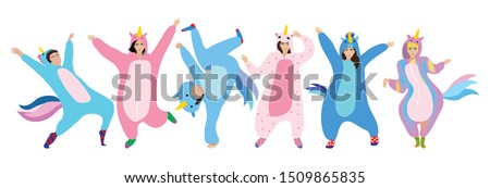 Set of men and women dressed in  unicorn pajamas or kigurumi. Celebration. Vector illustration. ストックフォト © 