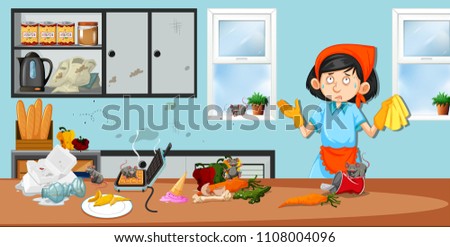 Housekeeper in dirty kitchen illustration