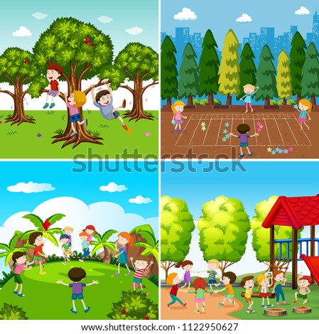 Set of children playing scenes illustration