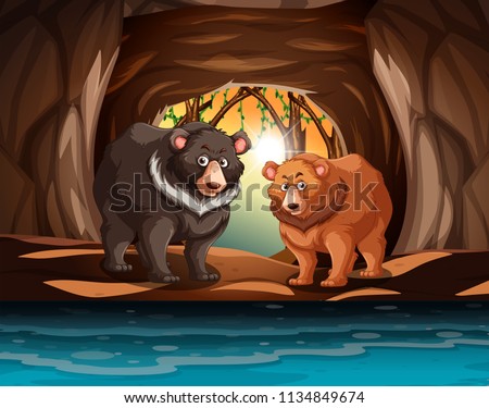Grizzly bears living in the cave illustration