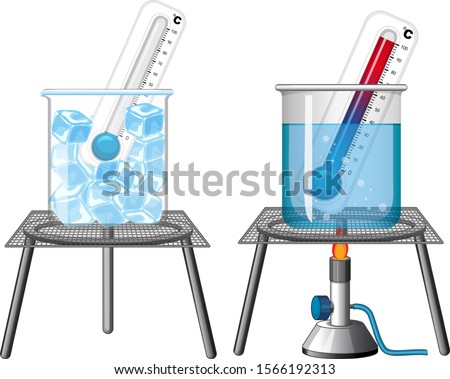 Science experiment with thermometers in ice and hot water illustration
