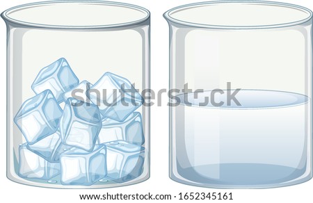 Two glass beakers filled with ice and water illustration