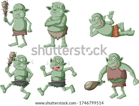 Set of dark green goblin or troll in different poses in cartoon character isolated illustration
