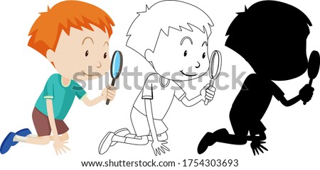 Boy using magnifying glass with its outline and silhouette illustration