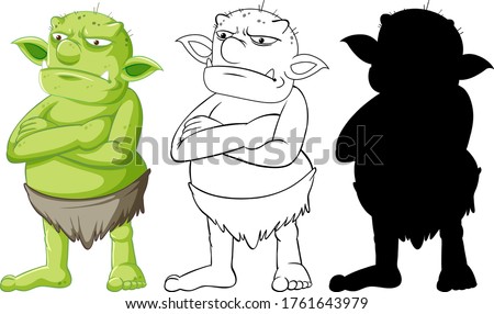 Goblin or troll in color and outline and silhouette in cartoon character on white background illustration
