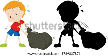 Boy drag black garbage bag in color and its silhouette illustration