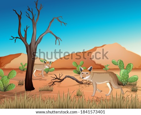 Desert with sand mountains and coyote landscape at day time scene illustration