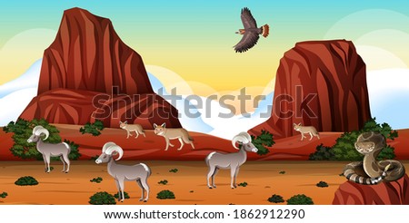 Desert with rock mountains and desert animals landscape at day scene illustration