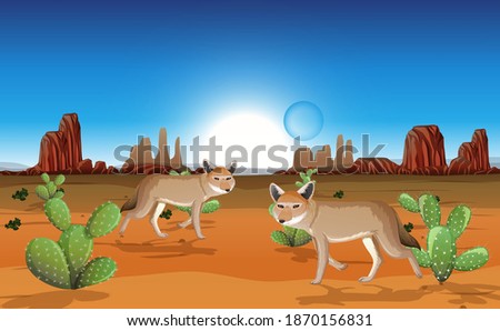 Desert with rock mountains and coyote landscape at day scene illustration