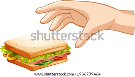 Hand trying to grab sandwich on white background illustration