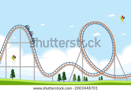 Amusement park scene with roller coaster illustration