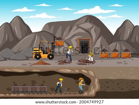 Landscape of coal mining with underground scene illustration