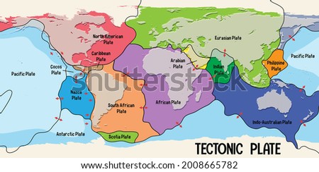 World Map Showing Tectonic Plates Boundaries illustration