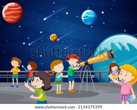 A Kids Looking at the planet with Telescop at observatory illustration