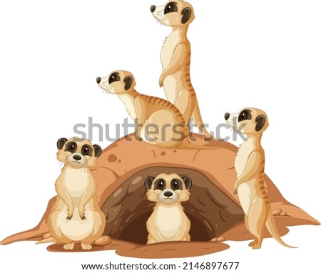 Group of meerkats with burrow on white background illustration