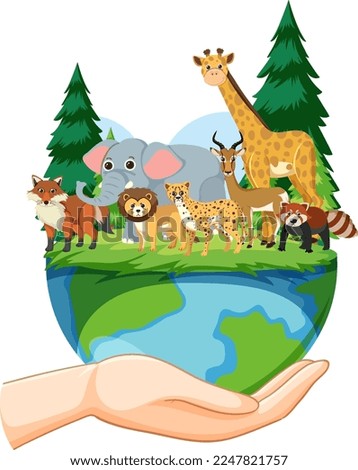 Animals standing on earth planet illustration