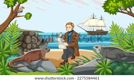 Charles Darwin Expedition to Galapagos Concept illustration