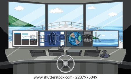 Ship cockpit interior with control panels illustration