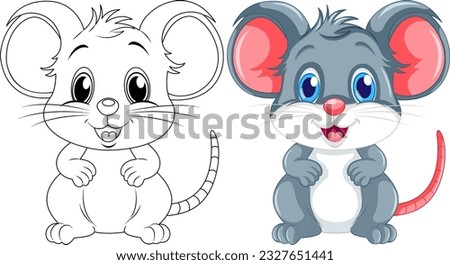 Coloring cute rat cartoon and its colour illustration