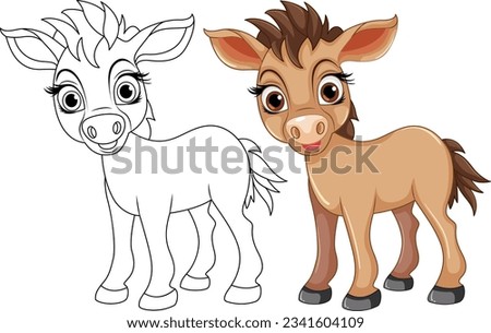Cute horse cartoon animal and its doodle coloring character illustration
