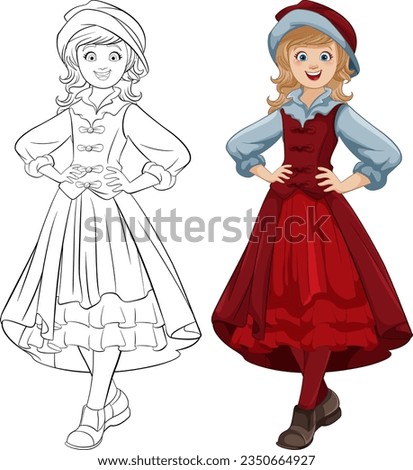 A happy woman wearing a traditional Austrian outfit with a hat is smiling in a vector cartoon illustration